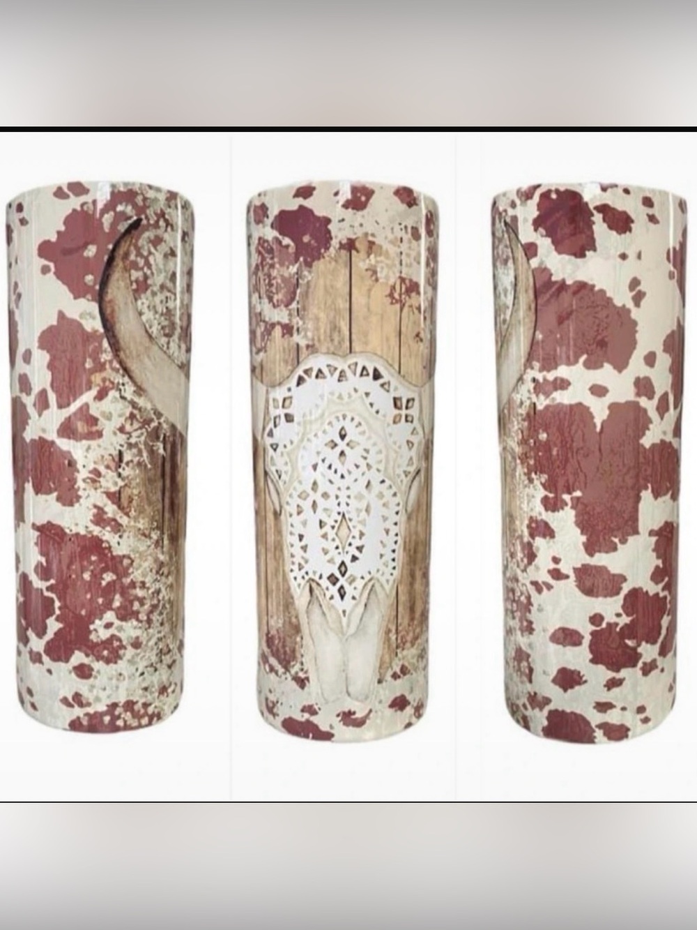20oz Rustic Cow Skull Tumbler in White and Brown